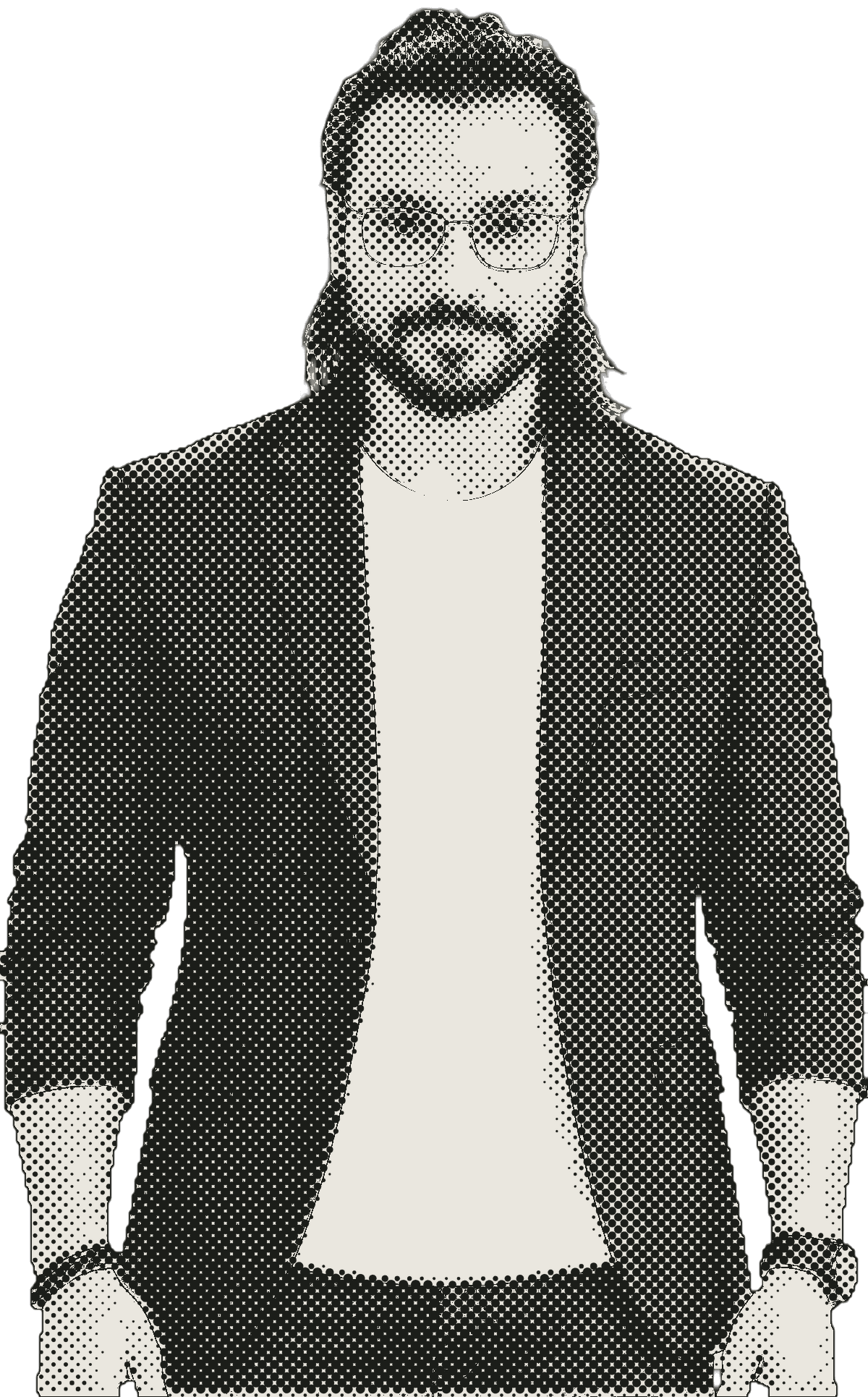 Shivam Chopra in glasses, with a beard and a man bun, wearing a dark blazer over a white T-shirt, drawn as the cover of a comic. Issue #1.